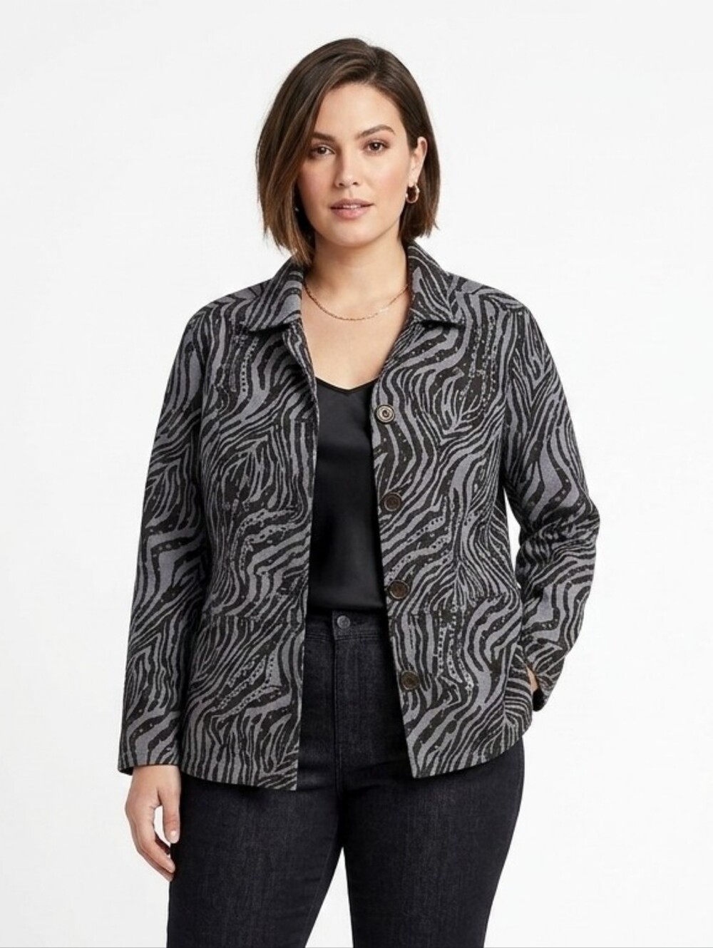 Liz & Me Zebra Print Jacket 4 Button With Scattered Pailettes Grey Black 0X